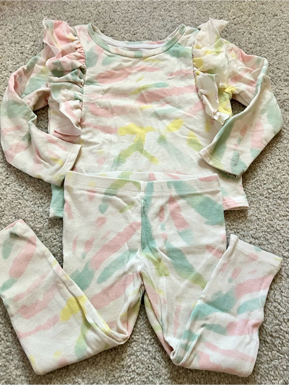 Girls Pastel Tie-Dye Ruffle Long-Sleeve matching Set - Pink, Mint & Yellow 3T